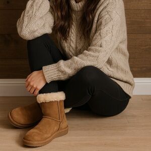 Bearpaw Suede Shearling-Lined Short Boots – Chestnut Brown – Women’s Size 8